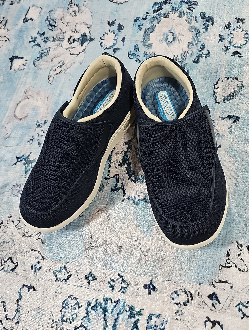 Youyun Womens Navy Blue Mesh Memory Foam Walking Shoes Hook Loop Strap Size 6